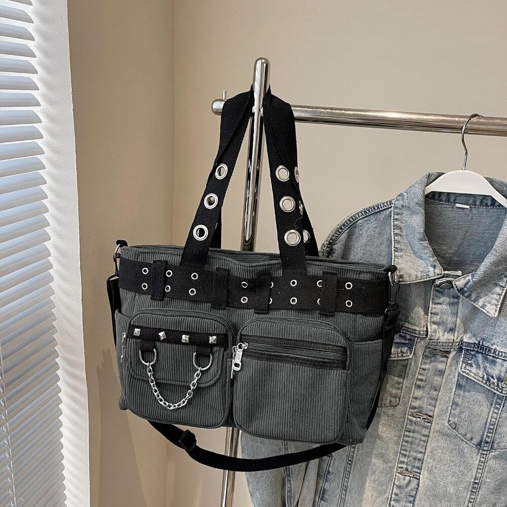 Corduroy Tote Bag Goth Bags for Women Large Gothic Goth Purse for College Work O - Picture 7 of 7
